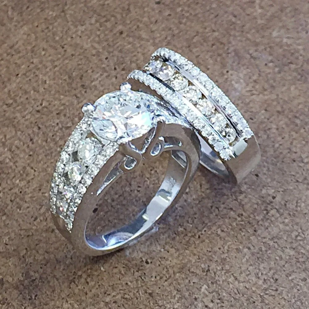 🌸Bague Eternity Full CZ Diamonds Silver Plated Couple Chunky Ring Set,UNVN12286 - Picture 1 of 10